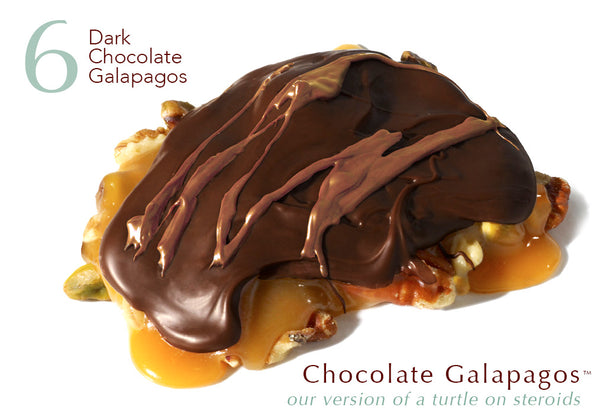 6 Chocolate Galapagos with Dark Chocolate, A handful of freshly roasted walnuts, pecans, macadamia nuts and pistachios, layered with a generous slab of our salted vanilla caramel made with our hundred-year-old family recipe. All that is smothered with a layer of dark chocolate to create our version of a turtle on steroids. One Galapagos is large enough to share with someone, but why would you?