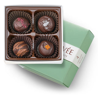 Chocolate Truffles, four piece box making perfect gift or sample for tasting our favorite fresh chocolate truffles.