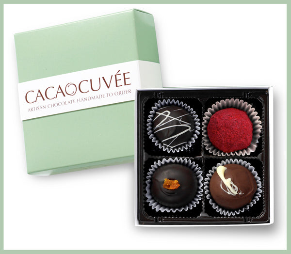 Chocolate Truffles, four piece box making perfect gift or sample for tasting our favorite fresh chocolate truffles.