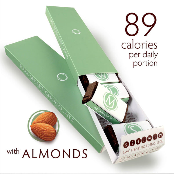 DARK SECRET chocolate with Almonds - Two 7 day boxes open