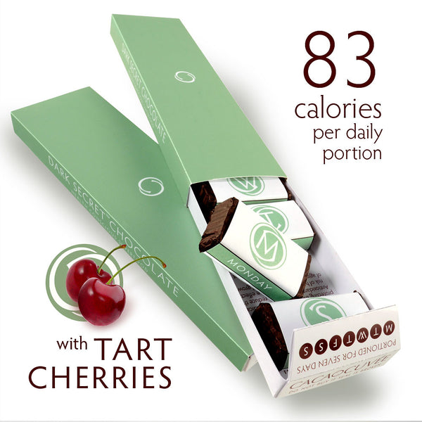 DARK SECRET chocolate with Tart Cherries - Two 7 day boxes open