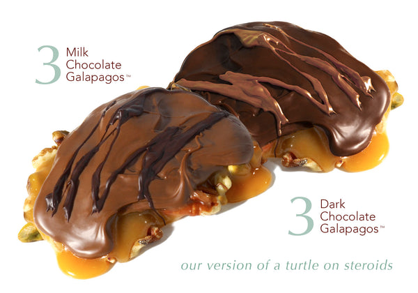 A handful of freshly roasted walnuts, pecans, macadamia nuts and pistachios, layered with a generous slab of our salted vanilla caramel made with our hundred-year-old family recipe. All that is smothered with a layer of dark or milk chocolate to create our version of a turtle on steroids. One Galapagos is large enough to share with someone, but why would you?
