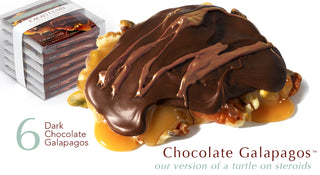 6 Chocolate Galapagos with Dark Chocolate, A handful of freshly roasted walnuts, pecans, macadamia nuts and pistachios, layered with a generous slab of our salted vanilla caramel made with our hundred-year-old family recipe. All that is smothered with a layer of dark chocolate to create our version of a turtle on steroids. One Galapagos is large enough to share with someone, but why would you?