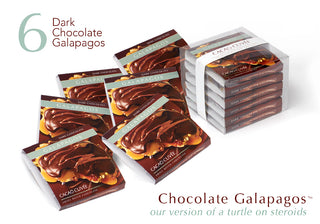 6 Chocolate Galapagos with Dark Chocolate, A handful of freshly roasted walnuts, pecans, macadamia nuts and pistachios, layered with a generous slab of our salted vanilla caramel made with our hundred-year-old family recipe. All that is smothered with a layer of dark chocolate to create our version of a turtle on steroids. One Galapagos is large enough to share with someone, but why would you?