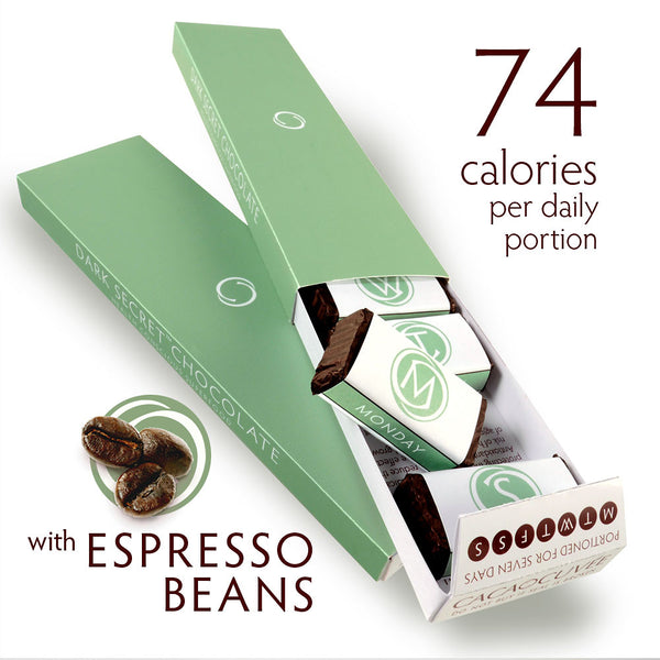 DARK SECRET chocolate with Espresso Beans - Two 7 day boxes open