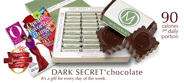 DARK SECRET® chocolate with 67% Cacao - 30 Day box https://cacaocuvee.com/products/dark-secret-chocolate-30-day-box-with-67-cacao Dark Secret Chocolate,Selected for Oprah's Holiday Gift Guide,Most loved superfood,Smart Chocolate,DARK SECRET,Oprah's Favorite Things,the Oprah effect,chocolate less than 100 calories,Oprah's favorite chocolate,Oprah's Dark Secret