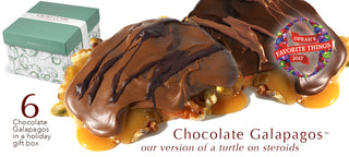 A handful of freshly roasted walnuts, pecans, macadamia nuts and pistachios, layered with a generous slab of our salted vanilla caramel made with our hundred-year-old family recipe. All that is smothered with a layer of dark or milk chocolate to create our version of a turtle on steroids. One Galapagos is large enough to share with someone, but why would you?