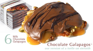 6 Chocolate Galapagos with Milk Chocolate, A handful of freshly roasted walnuts, pecans, macadamia nuts and pistachios, layered with a generous slab of our salted vanilla caramel made with our hundred-year-old family recipe. All that is smothered with a layer of dark or milk chocolate to create our version of a turtle on steroids. One Galapagos is large enough to share with someone, but why would you?