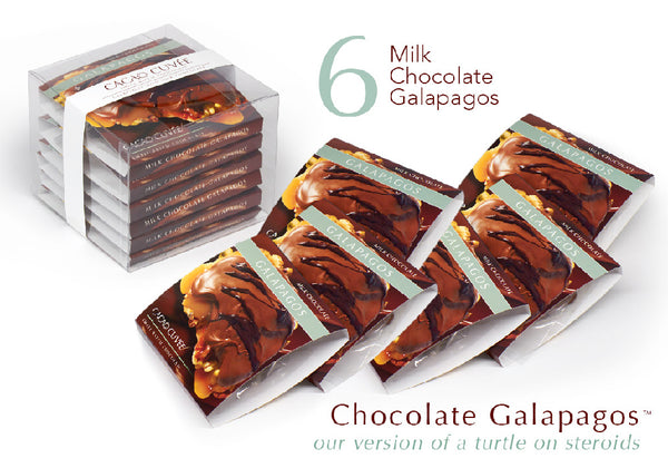 6 Chocolate Galapagos with Milk Chocolate, A handful of freshly roasted walnuts, pecans, macadamia nuts and pistachios, layered with a generous slab of our salted vanilla caramel made with our hundred-year-old family recipe. All that is smothered with a layer of dark or milk chocolate to create our version of a turtle on steroids. One Galapagos is large enough to share with someone, but why would you?