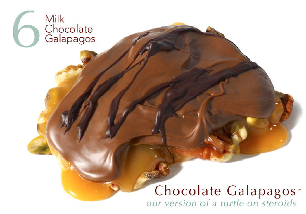 6 Chocolate Galapagos with Milk Chocolate, A handful of freshly roasted walnuts, pecans, macadamia nuts and pistachios, layered with a generous slab of our salted vanilla caramel made with our hundred-year-old family recipe. All that is smothered with a layer of dark or milk chocolate to create our version of a turtle on steroids. One Galapagos is large enough to share with someone, but why would you?