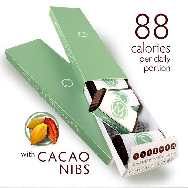 DARK SECRET chocolate with Cacao Nibs - Two 7 Day Boxes open